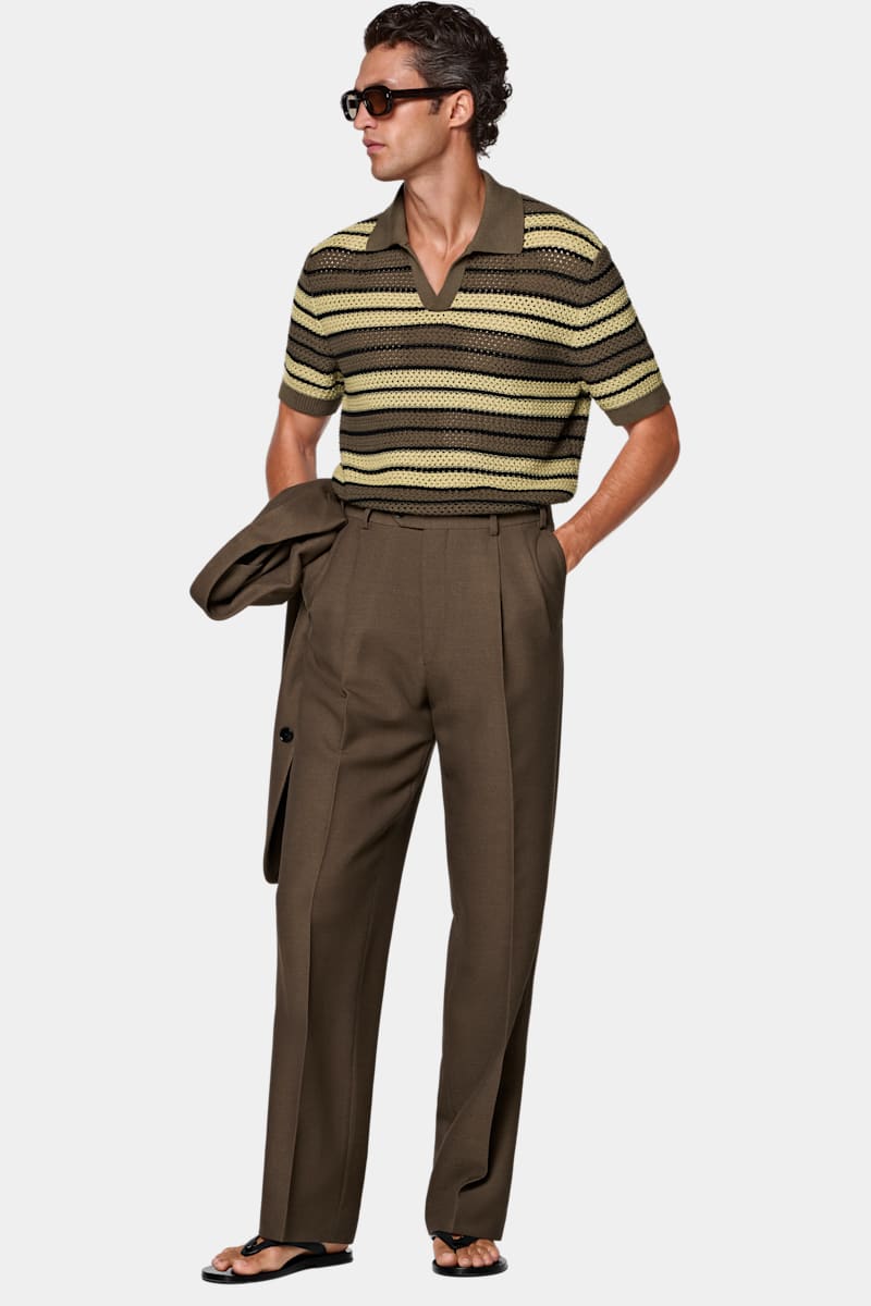 Mid Green Striped Crochet Buttonless Polo